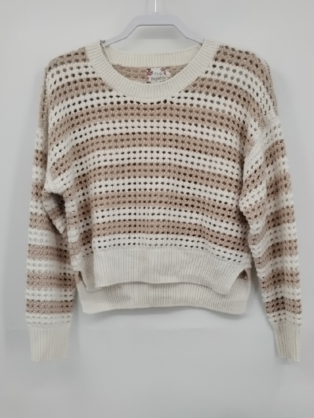 Pink Republic Cream Brown Cropped Open-Knit Striped Crew Sweater M